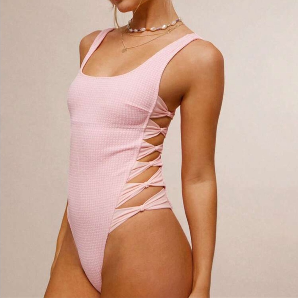 NWT Westfade Pink Textured Gingham Bow One Piece